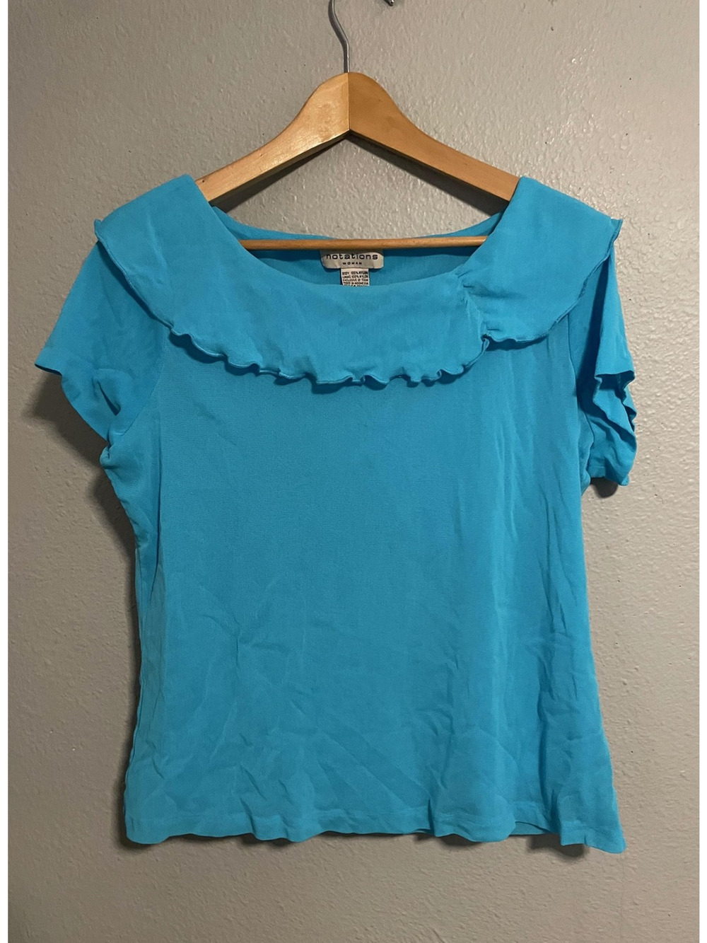 Notations Top Womens 1X Blue Ruffle Collar Mesh Lettuce Hem Fairy 90s Y2K